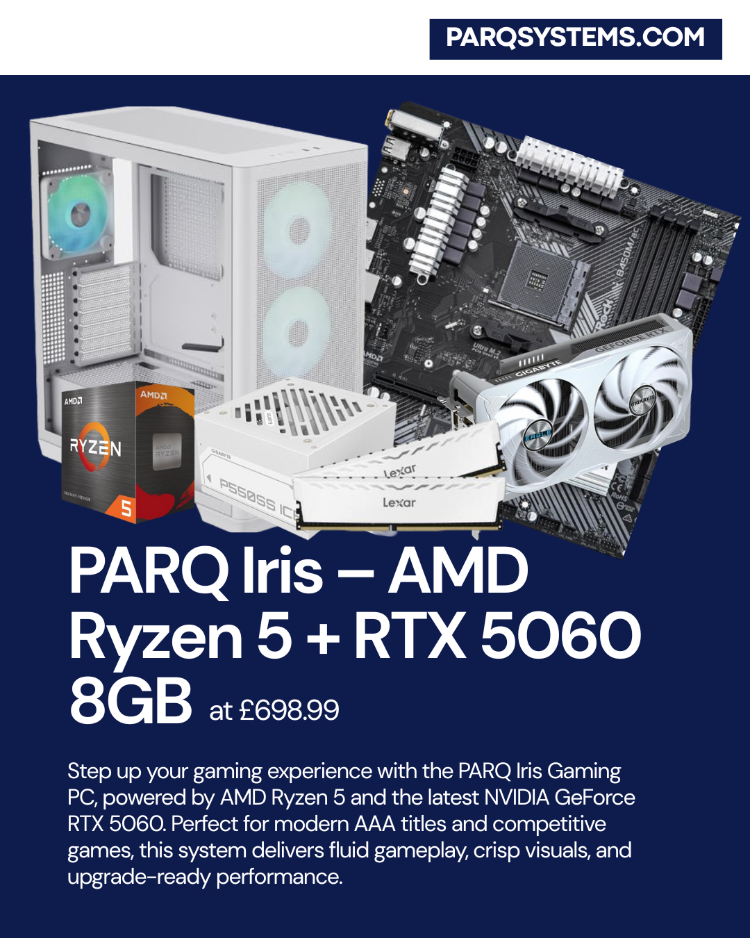 PARQ Iris – AMD Ryzen 5 + RTX 5060 8GB, 16GB RAM, 1TB SSD Windows 11